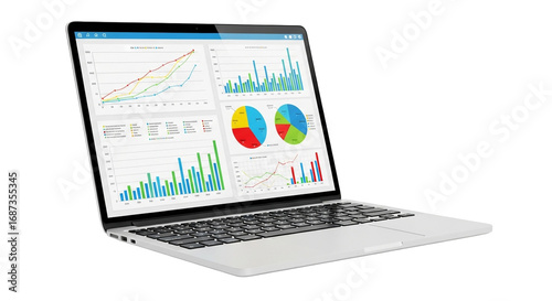 Laptop displaying various charts and graphs on screen for data analysis and visualization purpose