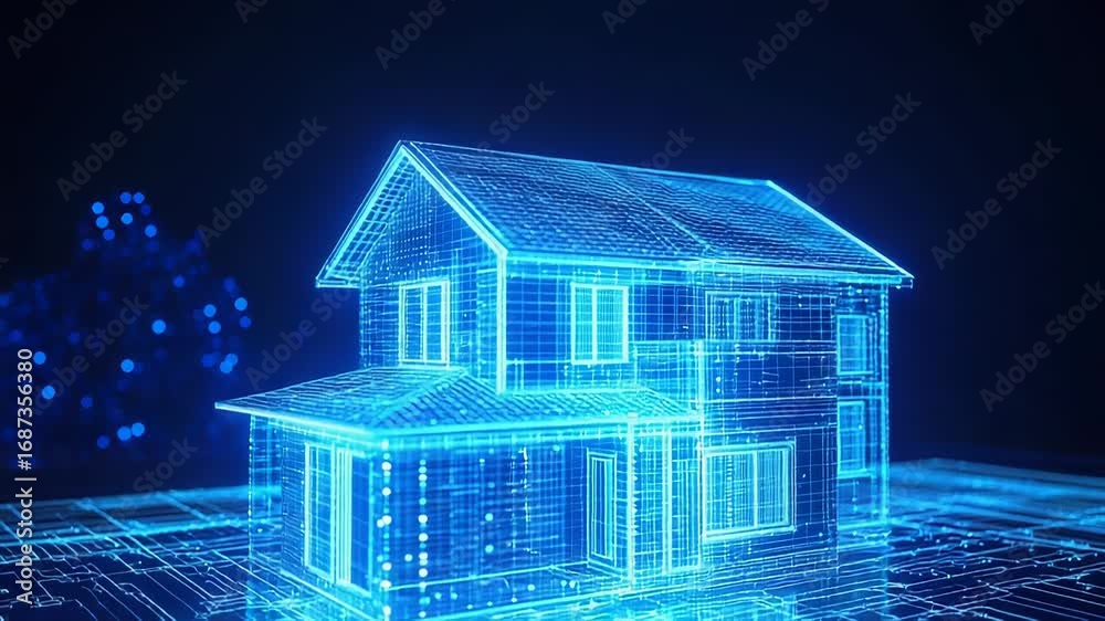 Futuristic blueprint of smart home emerging from circuit board