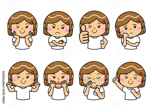 A set of eight cartoon girl illustrations displaying various emotions and expressions.