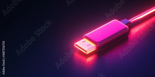 Futuristic 3D render of a USB or HDMI connector glowing with neon pink light on a dark surface, ideal for technology blogs, IT service sites, or presentations on connectivity and data transfer.

