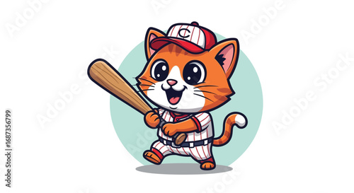 Cartoon Baseball Cat - Cute Kitten Wearing Uniform and Holding a Bat