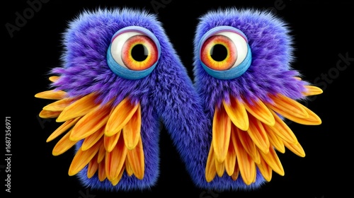 The letter N is made of fuzzy, colorful feathers