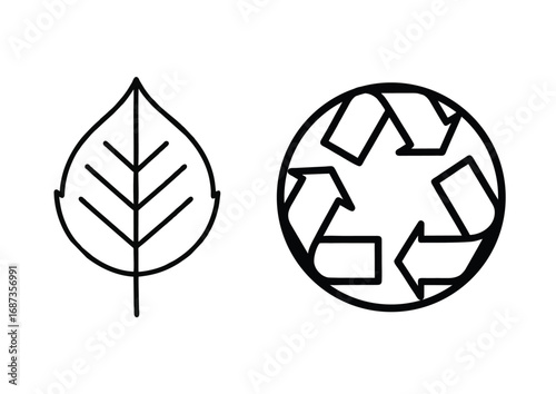 Eco-friendly concept illustration with simple line art icons of a leaf and recycling symbol representing sustainability and green living