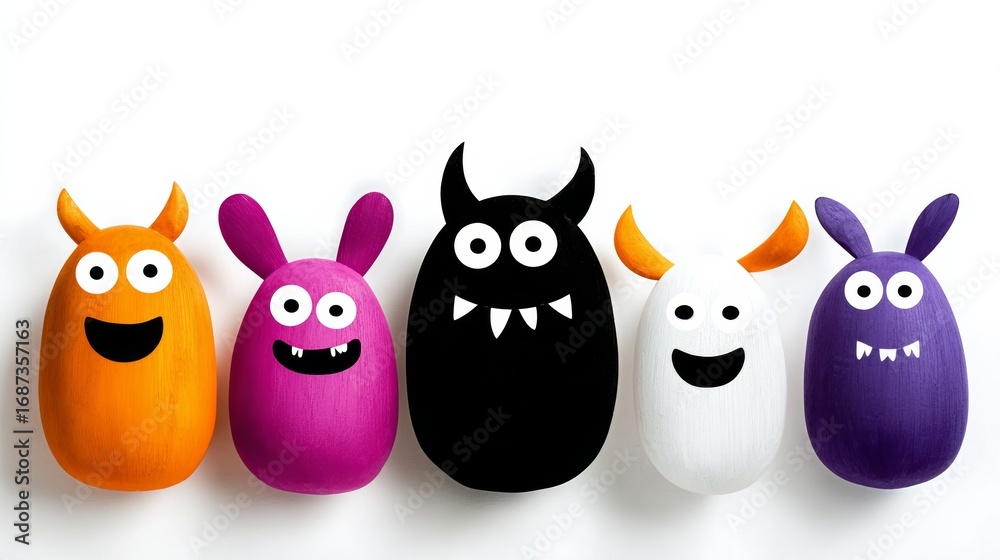 Fototapeta premium Row of five monsters with different colors and sizes