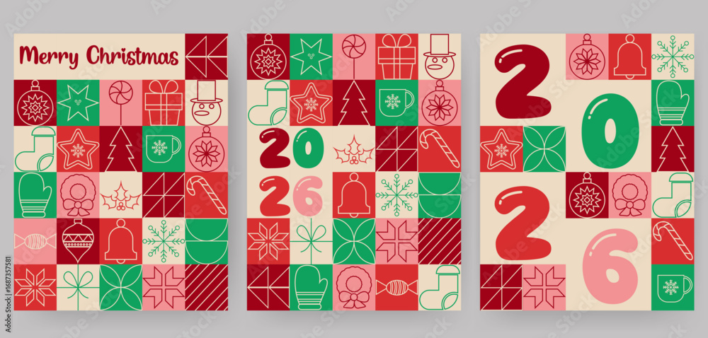 Fototapeta premium Christmas geometric card set. Modern pattern with Christmas icons. Minimal line art illustration for greeting cards, invitations, posters, covers.