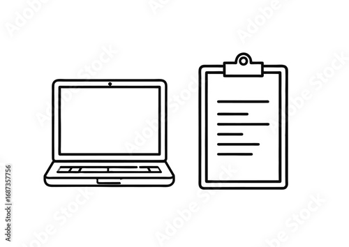 Minimalist outline icons of a portable computer and a checklist on a clipboard, representing modern work and planning tasks