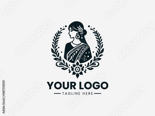 Elegant saree woman vector logo design with floral ornaments and traditional ethnic style