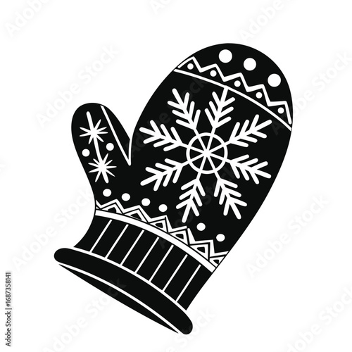 Elegant black silhouette illustration of a warm winter mitten with a beautiful snowflake and decorative patterns, symbolizing comfort and seasonal cheer