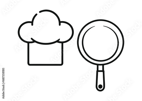 Minimalist black and white outline illustration featuring a traditional chef's hat alongside a versatile frying pan
