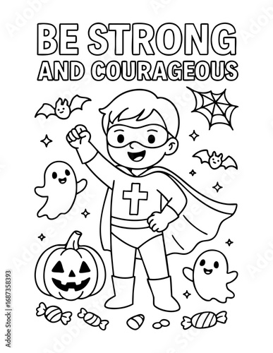 christian halloween vector illustration coloring page for kids with boy superhero costume cross on chest cape pumpkin ghosts bats spiderweb candies and text be strong and courageous