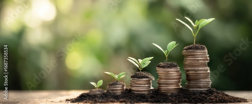 The growth of plants from stacks of coins representing financial investment.