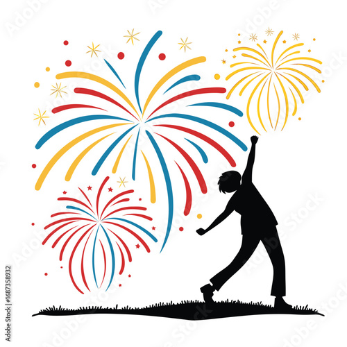 A jubilant silhouette of a person celebrating with vibrant fireworks illuminating the night sky, symbolizing joy and achievement