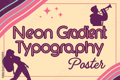Vector art of retro neon gradient typography poster with silhouettes of a musician and a singer, featuring stars and wavy lines, evoking a vintage and artistic vibe