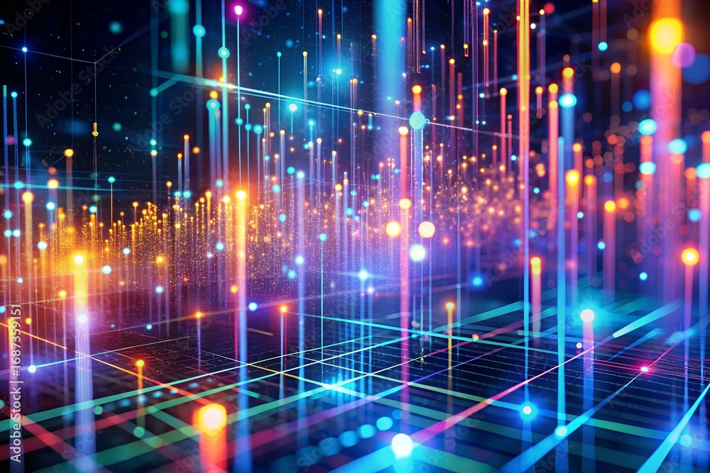 Fototapeta premium Abstract digital network with glowing neon lines and particles, representing data flow and connectivity in a vibrant cyberspace