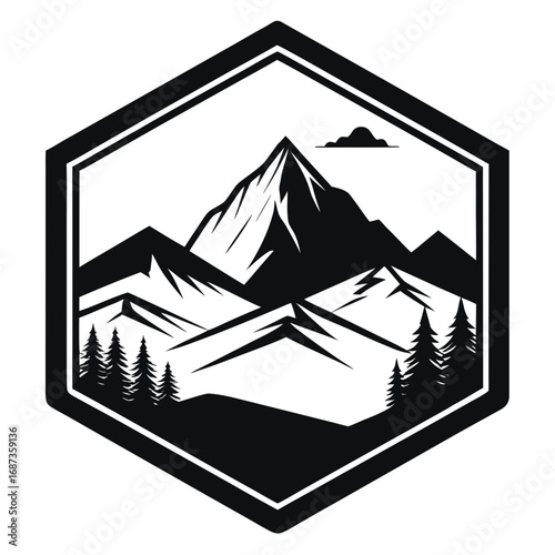 Hexagon Framed Mountain Scene – Clean Silhouette Art