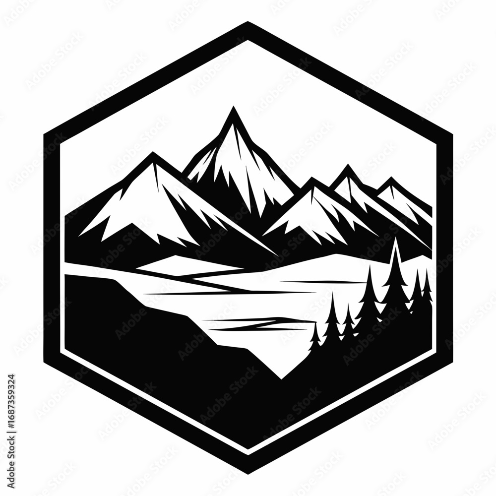 Obraz premium Hexagon Framed Mountain Scene – Clean Silhouette Art