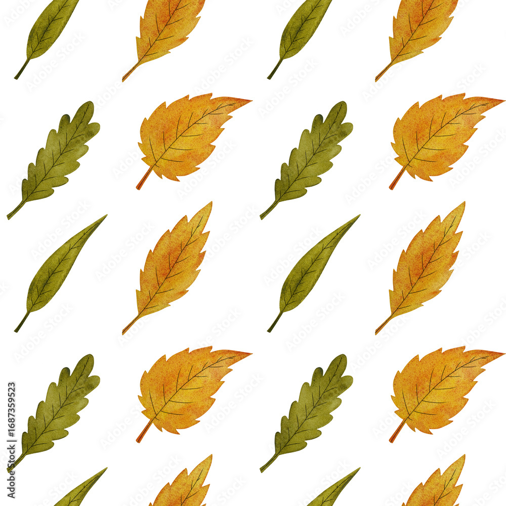 Obraz premium Watercolor yellow and green leaves seamless pattern. Various stylized leaves on white background.