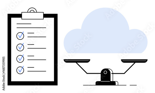 Clipboard with checklist alongside balanced scale and cloud emphasizing tasks, evaluation, and options. Ideal for decision-making, productivity, prioritization, cloud computing, balance, planning