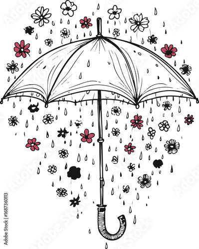 Black and white line art of an umbrella raining flowers instead of water, minimal doodle style, clean vector illustration 1