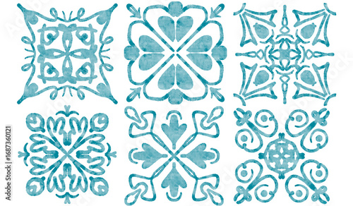 Six Blue Watercolor Tile Patterns on Transparent Background
