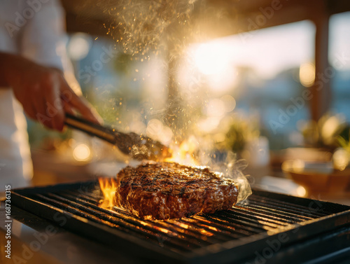 Grilled steak cooking on indoor grill with flames and smoke rising, hands holding tongs turning meat with warm sunlight in background