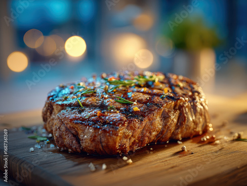 Grilled steak seasoned with herbs and spices resting on wooden board with warm bokeh lights creating cozy atmosphere