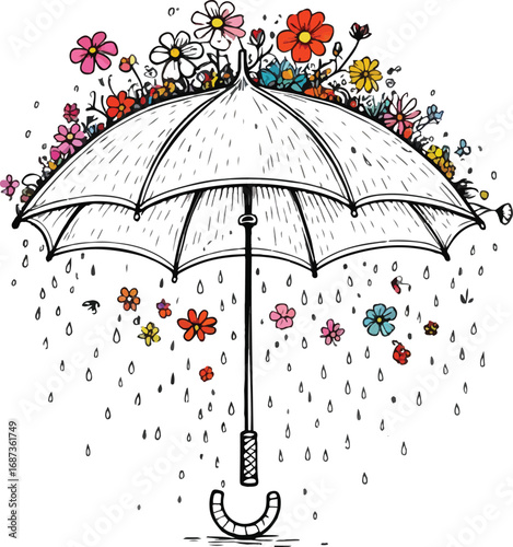 Black and white line art of an umbrella raining flowers instead of water, minimal doodle style, clean vector illustration 3