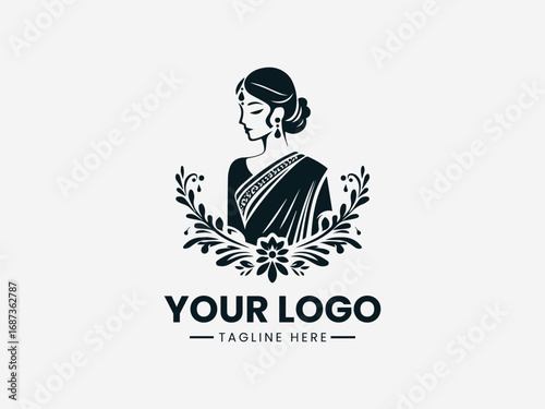 Elegant saree woman vector logo design with floral ornaments and traditional ethnic style