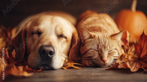 Wallpaper Mural Adorable sleeping dog and cat lying together amidst colorful autumn leaves and small pumpkins on cozy rustic surface in fall season Torontodigital.ca