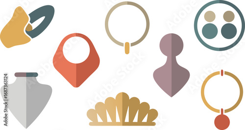 Flat Design Jewelry Set Featuring Necklaces, Ring, Brooch, Vase, and Symbol on White