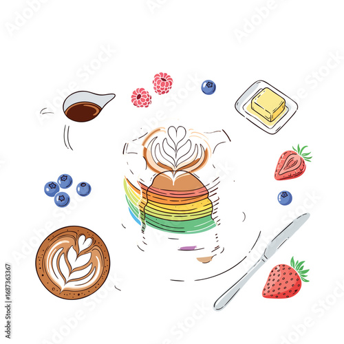 Handdrawn rainbow pancakes with syrup butter fresh berries and coffee.