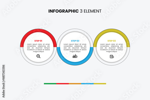 Modern 3-step infographic template with a clean circular design. Perfect for showing a process, workflow, or three key concepts. Fully editable vector