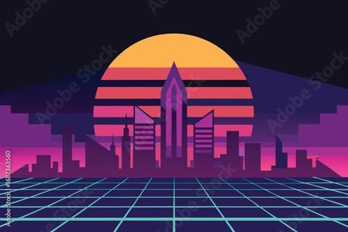 Vector art of synthwave cityscape illustration with a sunset, grid floor, and silhouetted buildings, evoking a nostalgic 1980s futuristic atmosphere