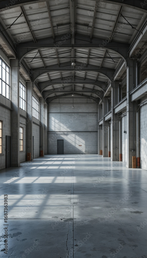 Obraz premium Spacious, empty industrial warehouse with high ceilings and large windows casting shadows on concrete floor, creating serene atmosphere. architecture is modern and minimalistic