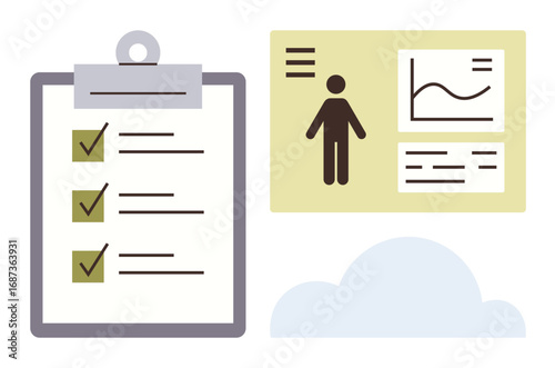 Checklist on clipboard with completed items, human profile, data insights, and analytics graph. Ideal for project planning, task management, productivity, analytics, organization prioritization