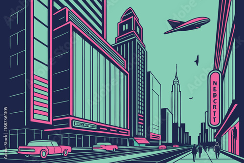 Vector art of retro cityscape illustration with pink and teal buildings, cars, and a plane, reminiscent of 1980s aesthetics and urban architecture