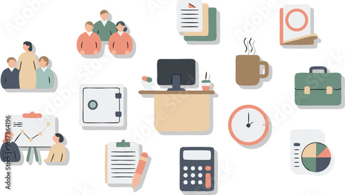 Flat Illustration Featuring an Office Setting, Safe, Documents, People, and Various Business Items