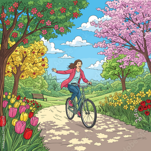 Happy woman with outstretched arms riding a bicycle through a beautiful blooming spring park.