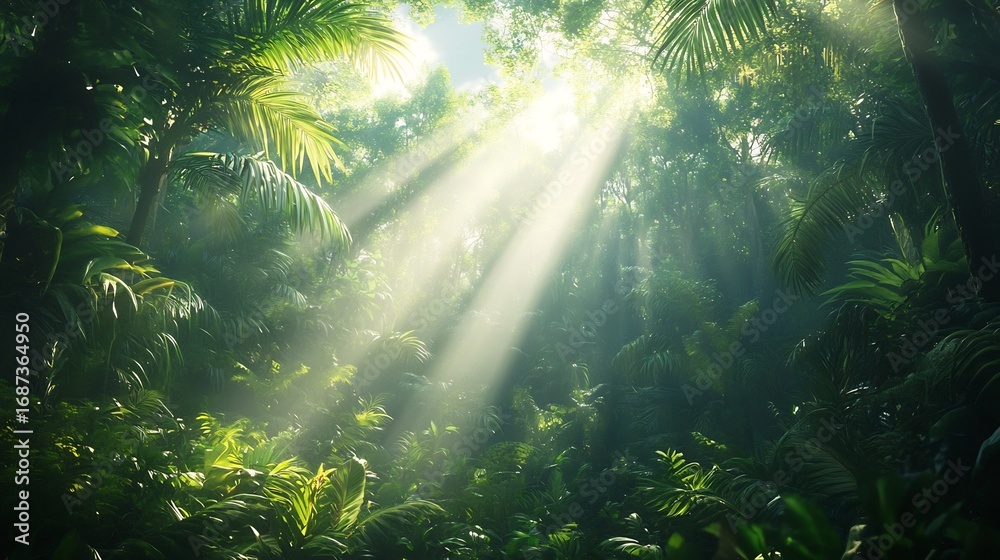Obraz premium Ethereal Sunlight Shining through Lush Tropical Jungle Foliage
