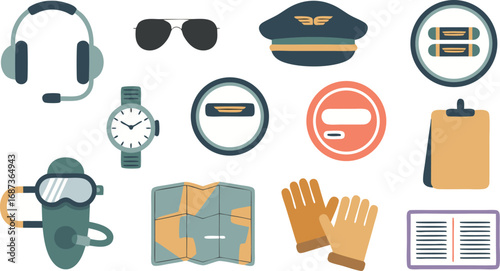 Flat Illustration of Aviation Equipment Including Headset, Goggles, Sunglasses, Map, Gloves and Pilot Hat