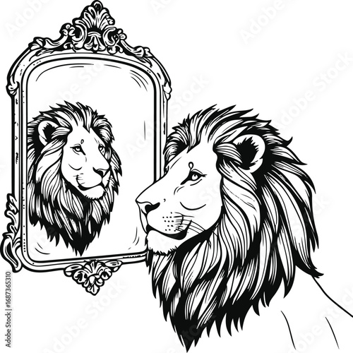 Black and white line drawing of a lion looking into a mirror, minimal doodle surreal style, clean vector illustration 1