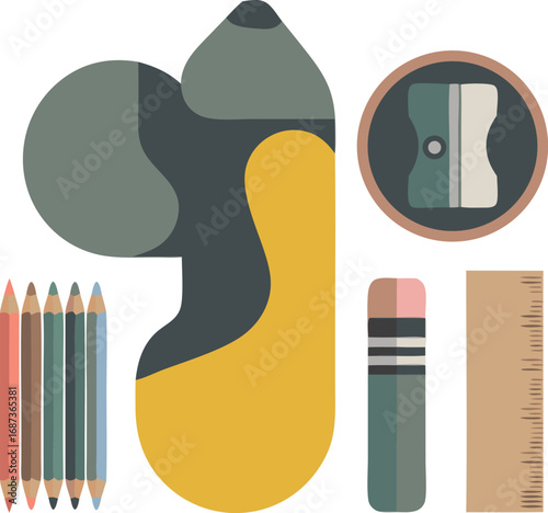Flat Illustration of Colored Pencils, Sharpener, Eraser, and Ruler for Creative Projects