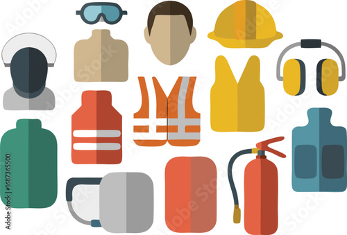 Flat Illustration of Construction and Safety Equipment, Including Protective Clothing and Gear