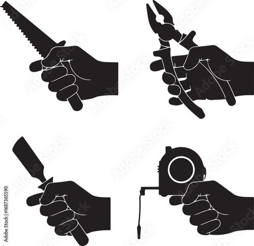 Black silhouette hands holding tools white