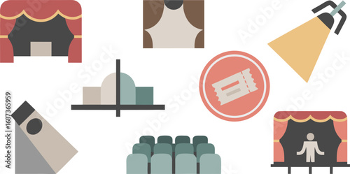Flat Illustration Theatrical Stage with Curtains, Audience Seating, Ticket, Spotlights, and Various Stage Elements