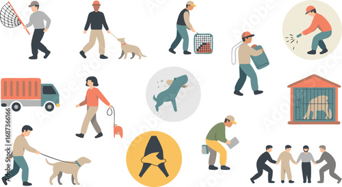 Flat Illustration Showing People Handling and Caring for Dogs in Various Scenes