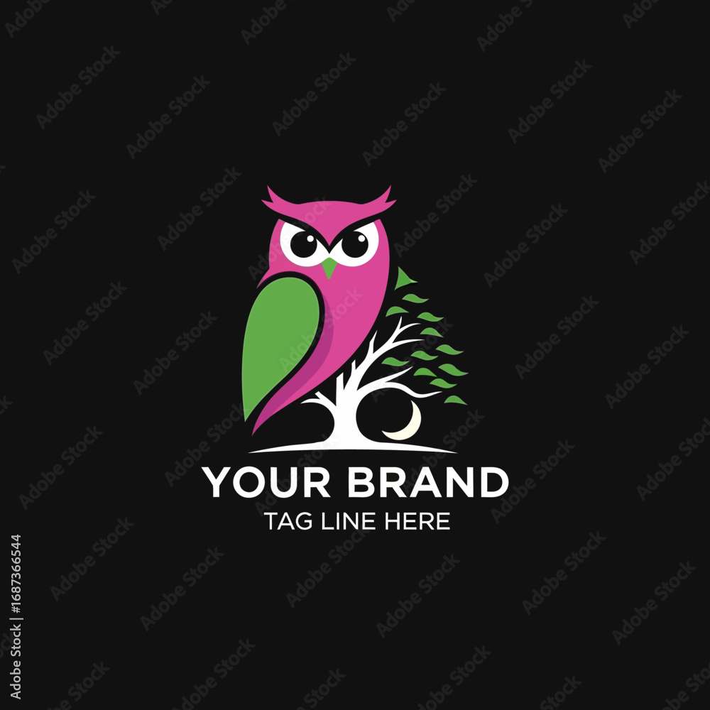Fototapeta premium Cute Owl on Tree and moon Logo Design Illustration