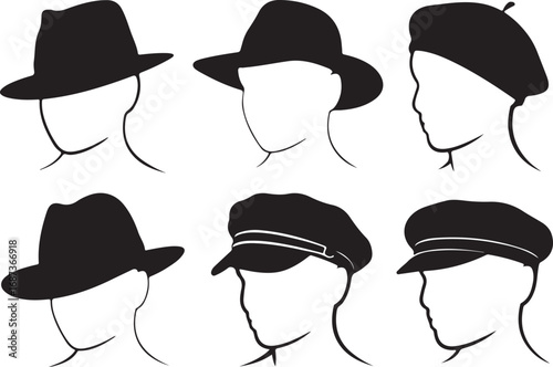 Black silhouettes of hats on abstract heads white fedora