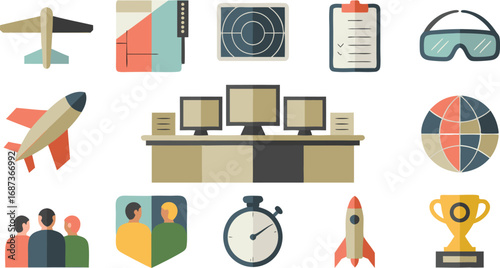 Flight Control Center Icon Set Airplane, Rocket, Globe, People, and Office Equipment Illustration