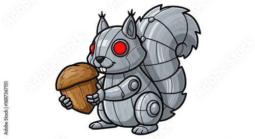 Robotic Squirrel Holding an Acorn, Cartoon Style.